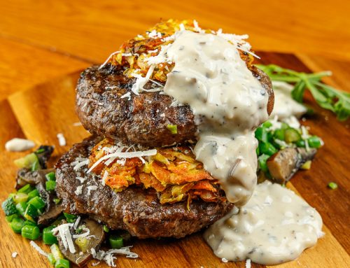 Ostrich Steak Burger Towers with Vegetable Fritters
