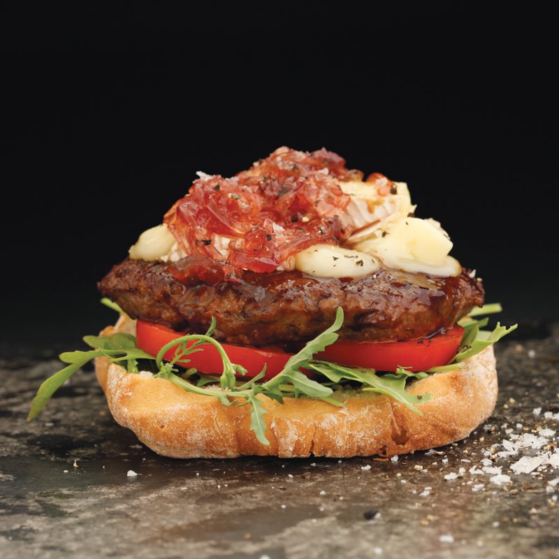 Ostrich Steak Burgers with Camembert and Onion Marmalade