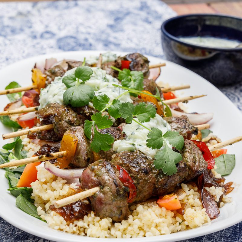 Ostrich Sosatie Salad with Coriander Pesto