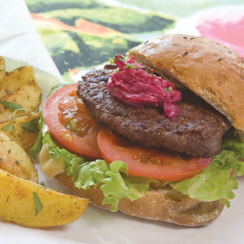 Ostrich Steak Burgers with Beet Tzatziki and Spicy Potatoes
